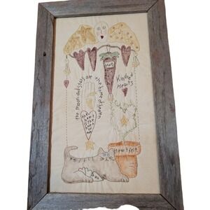 Primitive Folk Art Embroidery Framed Cat Moon Stars Kindred Hearts Country Decor